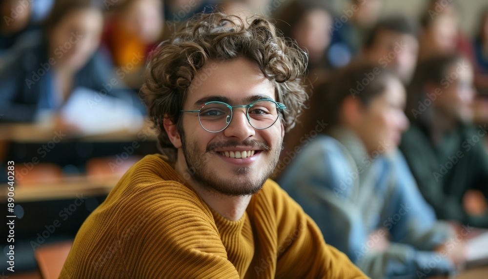An upbeat image of a Caucasian university male student from France a college lecture hall An upbeat image of a Caucasian university male student from France a college lecture hall