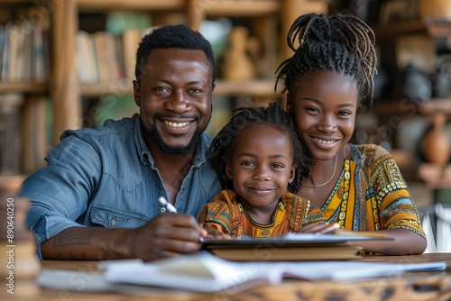 African Family Writing Together at a Table in a Cafe © fotofabrika
