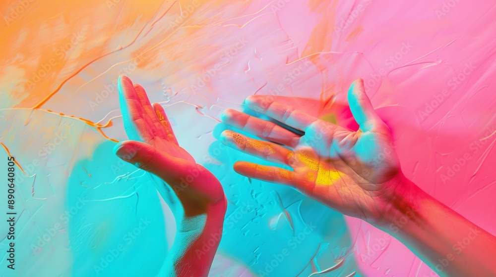 Obraz premium An abstract representation of hands set against a vibrant, colorful background, showcasing an explosion of hues and textures, creating a dynamic and energetic visual impact.