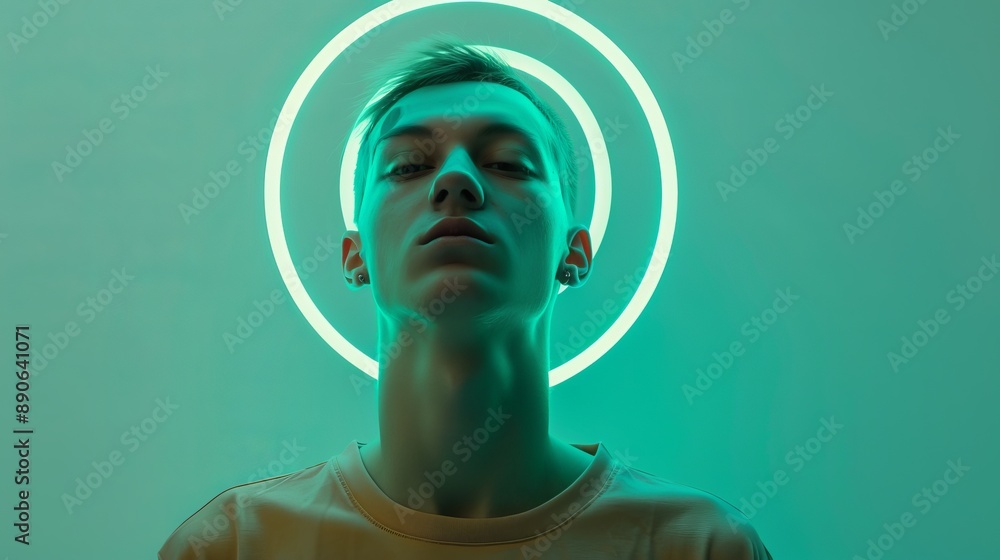 A person is shown from below with a circular halo effect behind their head, illuminated by a green light, creating a surreal and otherworldly atmosphere.