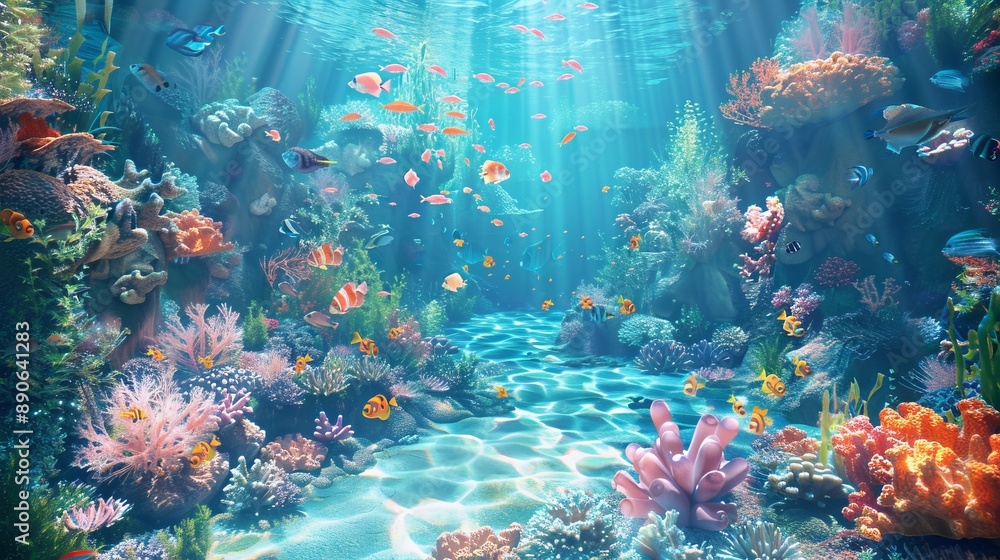Naklejka premium A beautiful underwater scene showcasing a vibrant coral reef teeming with colorful fish and illuminated by bright sunlight streaming through the water.