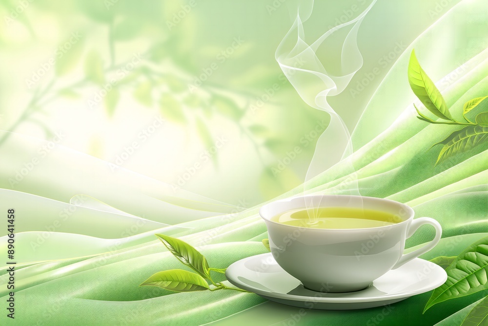 A cup of steaming green tea rests on a green cloth, with a few green tea leaves on the side. A cup of steaming green tea rests on a green cloth, with a few green tea leaves on the side.