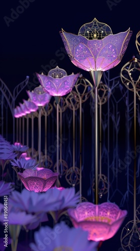 Futuristic garden with neon holographic flowers, glowing against a dark cityscape, creating a magical ambiance, Sci-fi, Digital Art, High Detail