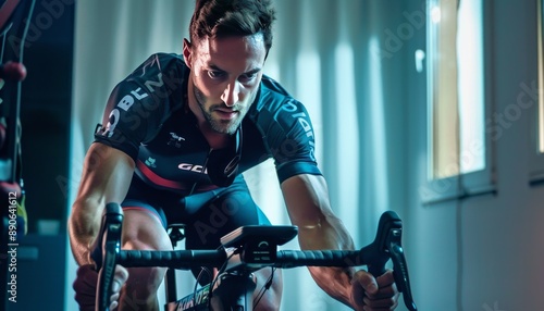 A man is seen motivated in a spinning class, his muscular legs powerfully pedaling during intense