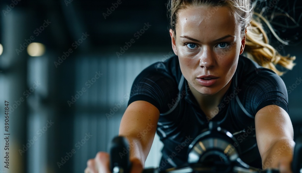 A woman is depicted energetically participating in a spinning class, her muscular legs powering A woman is depicted energetically participating in a spinning class, her muscular legs powering
