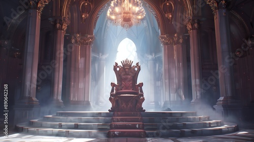 A shining crown rests on a magnificent throne, expressing the majesty of a ruler - with ample space for text.壮麗な王座に輝く王冠が鎮座し、支配者の威厳を表現したデザイン—広々としたテキスト用スペース付き。Generative AI	 photo