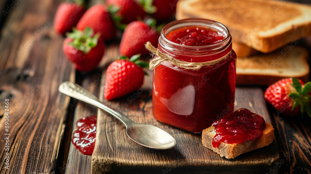 Sweet and healthy strawberry fruit jam in a glass jar on a wooden kitchen table next to the spoon and a whole grain bread for nutritious dessert vegan meal. Homemade organic marmalade Sweet and healthy strawberry fruit jam in a glass jar on a wooden kitchen table next to the spoon and a whole grain bread for nutritious dessert vegan meal. Homemade organic marmalade