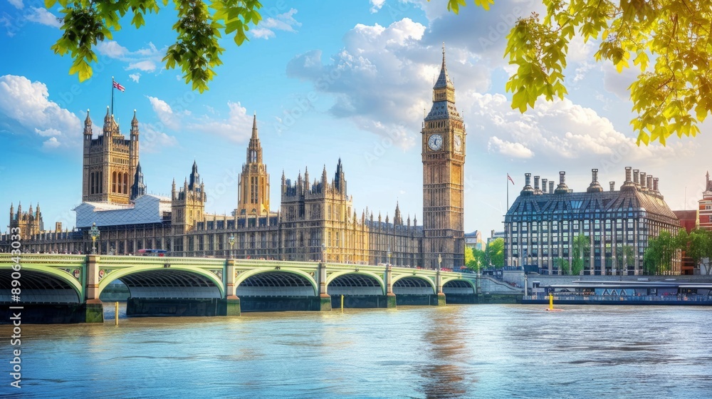 Fototapeta premium Stunning view of Big Ben and the Houses of Parliament in London on a bright day. Beautiful architecture with classic British charm. Perfect for travel inspiration or cityscape collections. AI