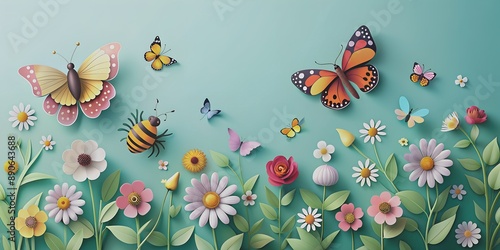 Paper cut designed a butterfly landing on a pastel flower with other insects like bees and ladybugs around AI-Generated Content