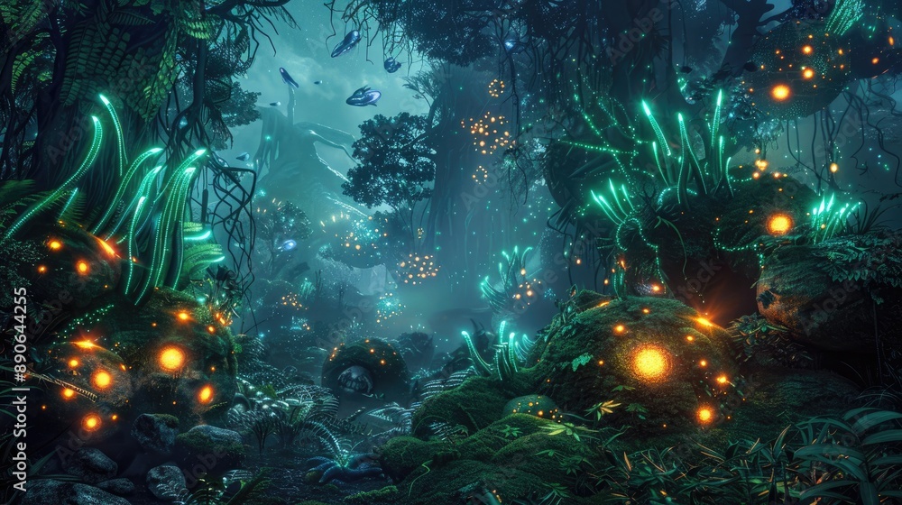 An alien jungle with strange, luminescent plants and glowing wildlife ...