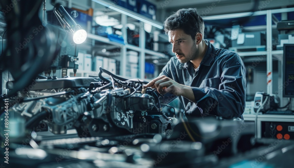 Mechanic inspects car lift for potential issues ensuring proper function Mechanic inspects car lift for potential issues ensuring proper function
