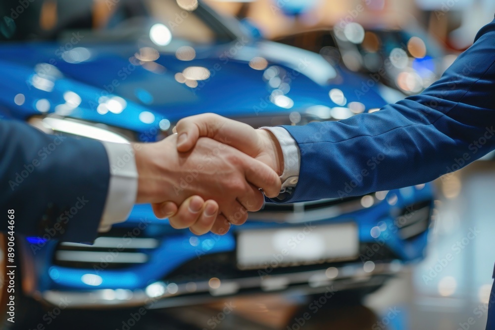 Car buyer shaking hands with salesman at auto dealership, in the background a blurry blue luxury car Car buyer shaking hands with salesman at auto dealership, in the background a blurry blue luxury car