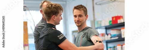 A photo captures a physiotherapist in action, conducting a rehabilitation session at work