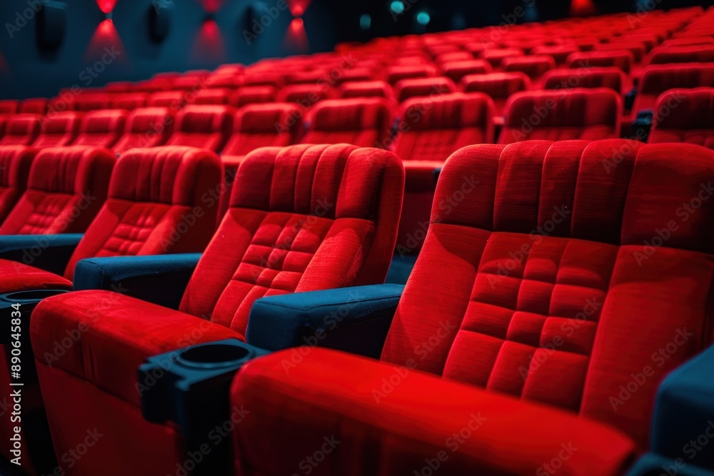 Close up of rows of red theatre seats at a cinema hall, perspective front view Close up of rows of red theatre seats at a cinema hall, perspective front view