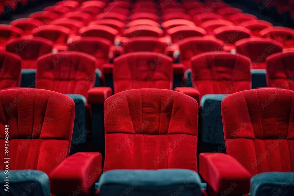 Naklejka premium Close up of rows of red theatre seats at a cinema hall, perspective front view