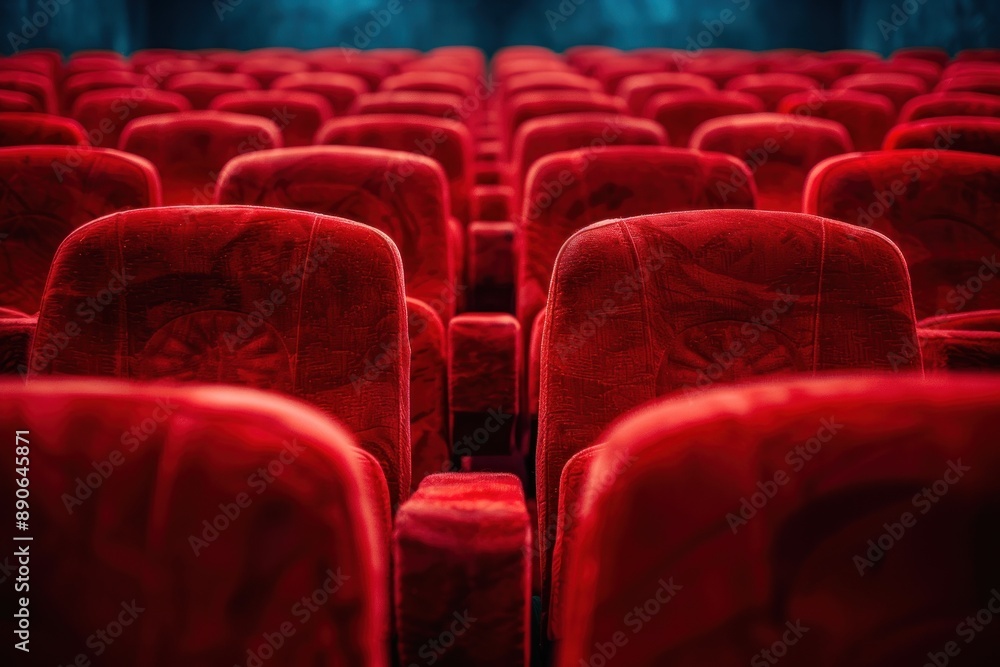 Close up of rows of red theatre seats at a cinema hall, perspective front view Close up of rows of red theatre seats at a cinema hall, perspective front view