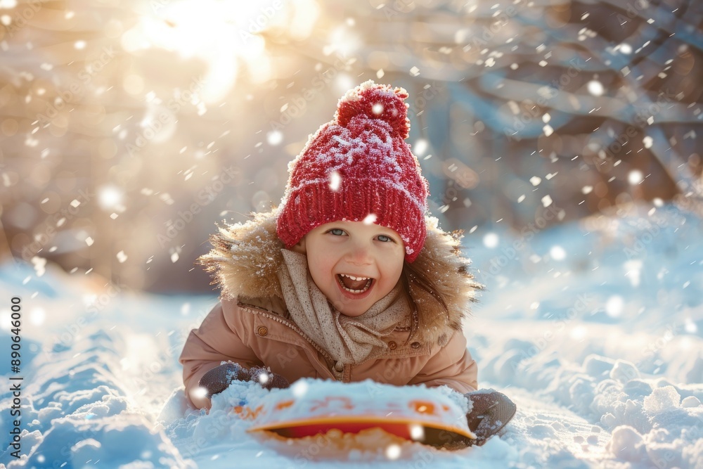 Close up portrait of a happy excited child girl in warm clothes riding on snow slides with sled in winter Close up portrait of a happy excited child girl in warm clothes riding on snow slides with sled in winter