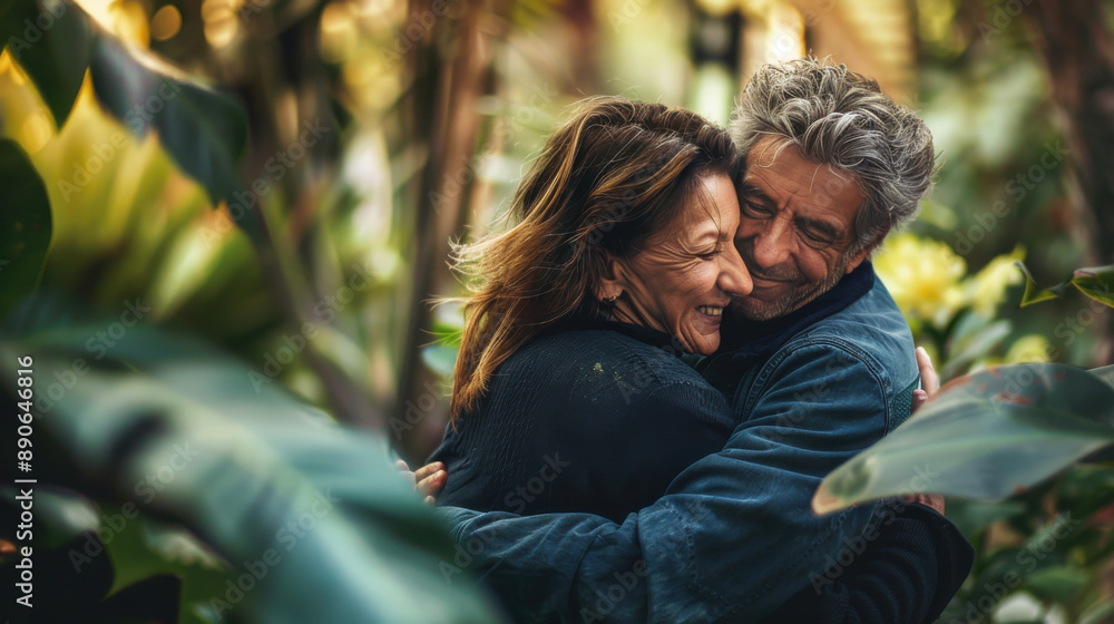 Contented couple in their middle years, sharing a loving hug and conversation in a beautiful public garden
