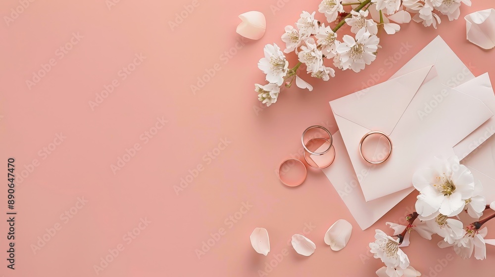 A white blossom branch with petals rests on a pale pink background with two gold wedding bands and a white envelope A white blossom branch with petals rests on a pale pink background with two gold wedding bands and a white envelope