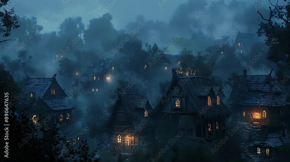 Mysterious Misty Village at Twilight Mysterious Misty Village at Twilight