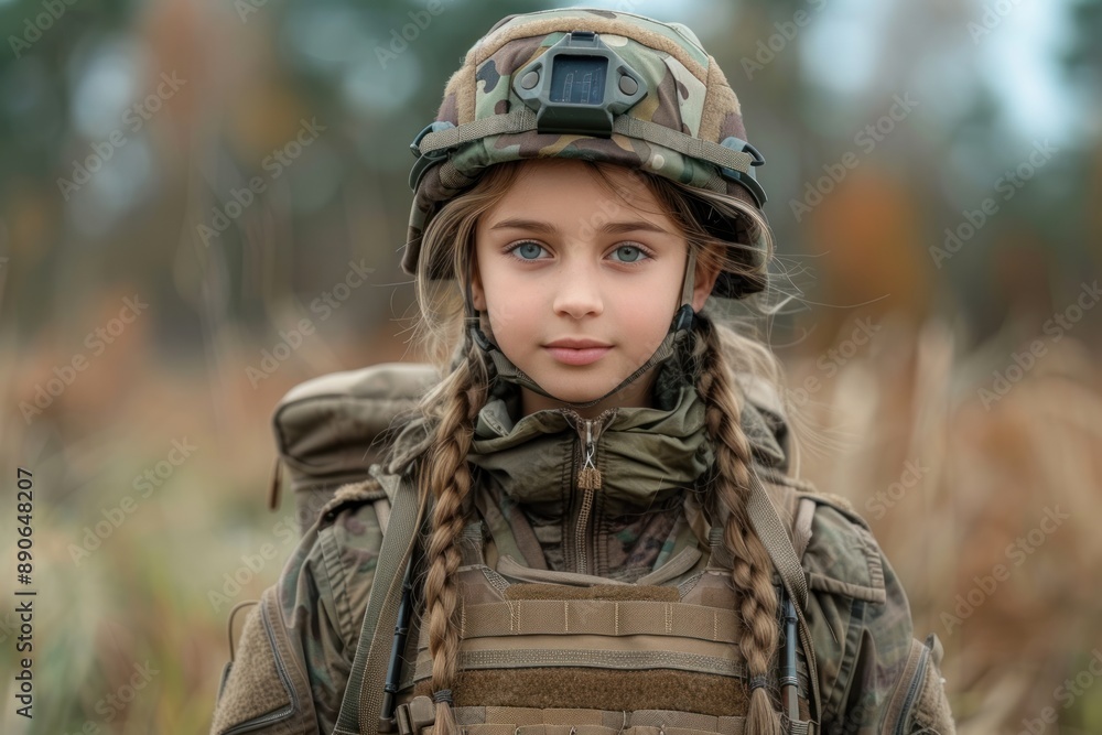 kid girl in a military bulletproof vest and helmet kid girl in a military bulletproof vest and helmet
