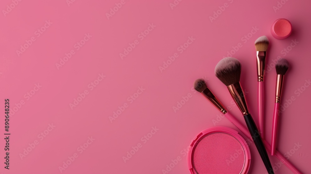 A set of pink makeup brushes and a compact of blush on a pink background A set of pink makeup brushes and a compact of blush on a pink background