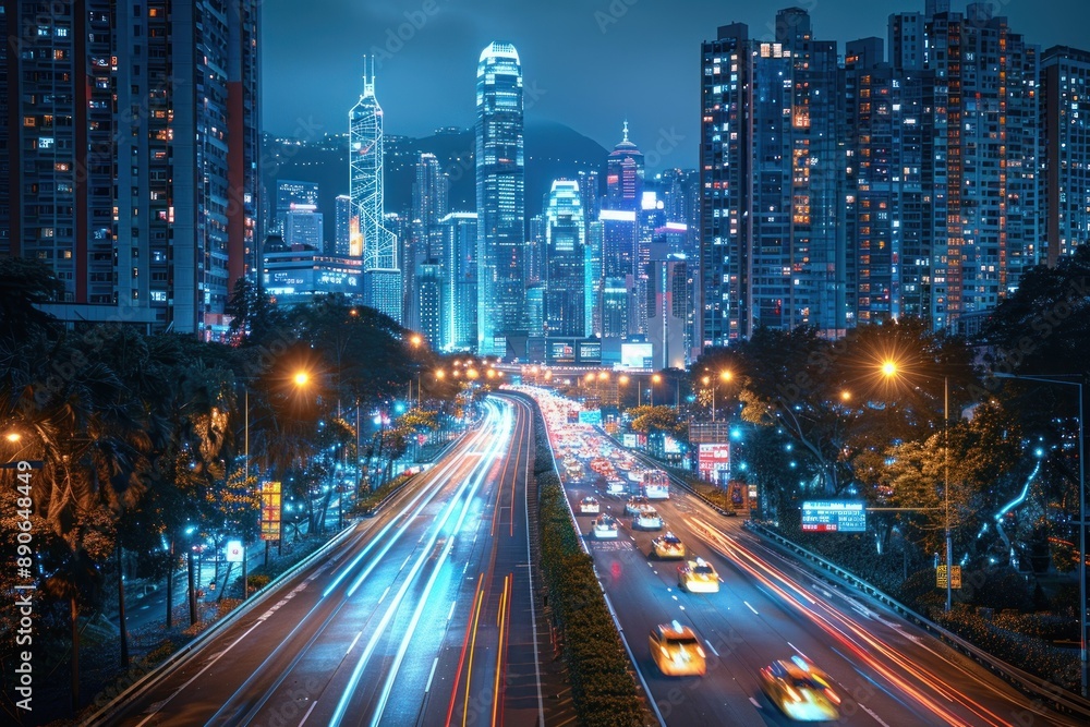 Fototapeta premium Light flow of traffic on a nighttime highway in a city with modern high buildings
