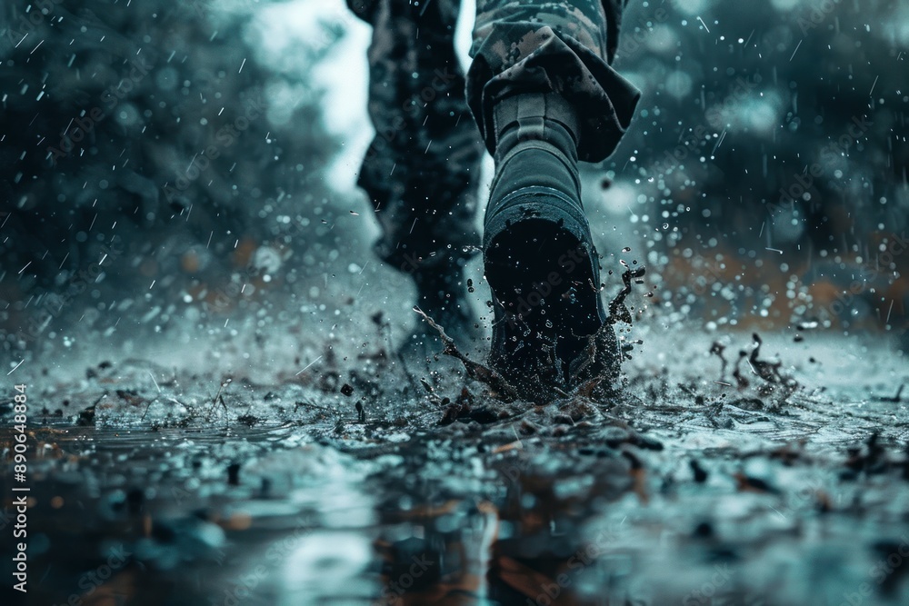 image of a military male person running on rainy muddy battlefield ground image of a military male person running on rainy muddy battlefield ground