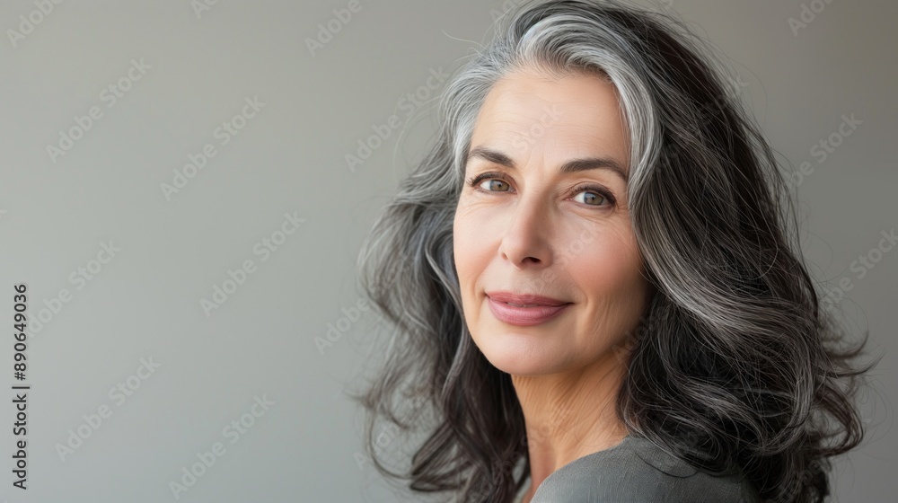 Fototapeta premium Mature Woman With Silver Highlights Smiling Against Grey Background