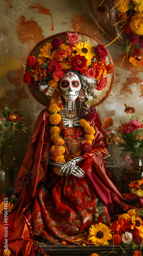 Imagen vertical de una mujer vestida de catrina con un vestido rojo temática de dia de muertos con sombrero de rosas photo