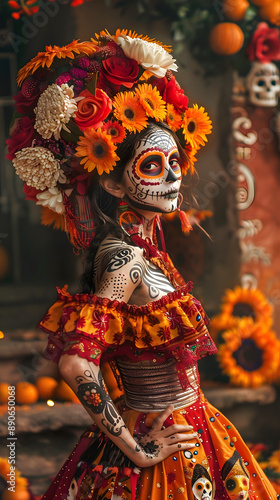 Mujer vestida con un elaborado traje de colores anaranjados y rojos. Su rostro está pintado como una calavera y lleva una gran corona de flores photo
