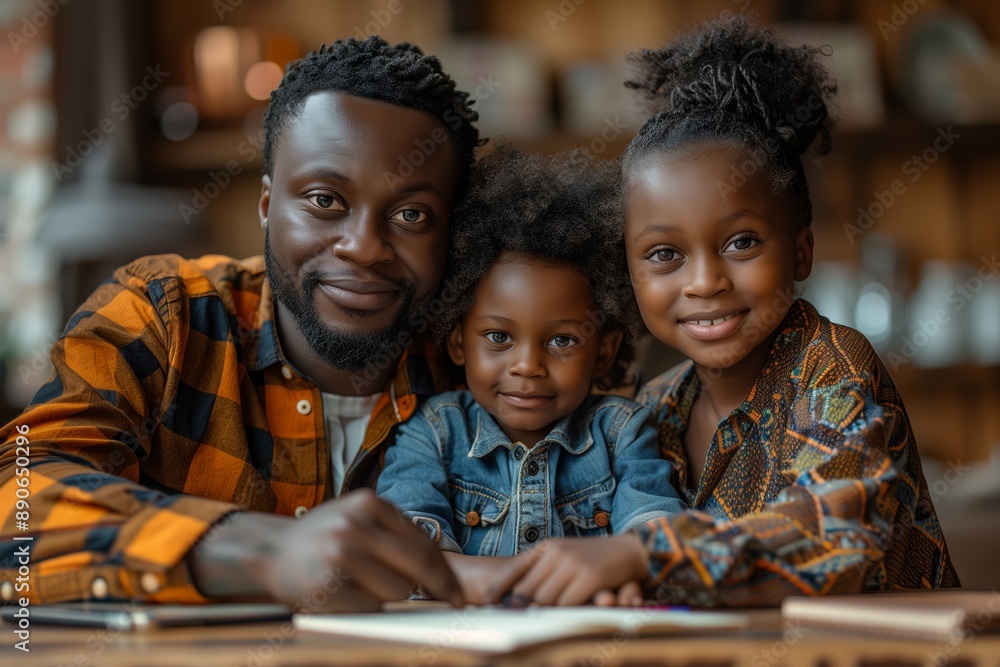 African American Father and Two Children Drawing Together In Restaurant African American Father and Two Children Drawing Together In Restaurant
