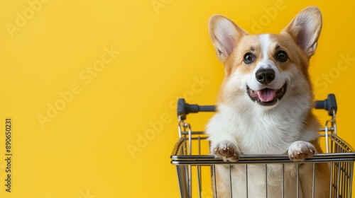 Corgi sitting in shopping cart over yellow background with empty space, dog advertising supermarket offer