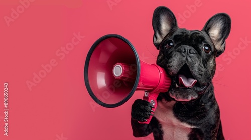 Funny black French bulldog shouting into megaphone on pink studio background with copy space, announcing great news or offer