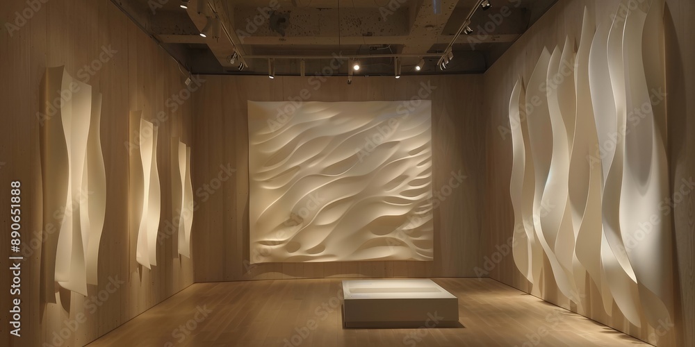 A minimalist 3D relief sculpture in a contemporary art gallery, focusing on clean lines and subtle shadows