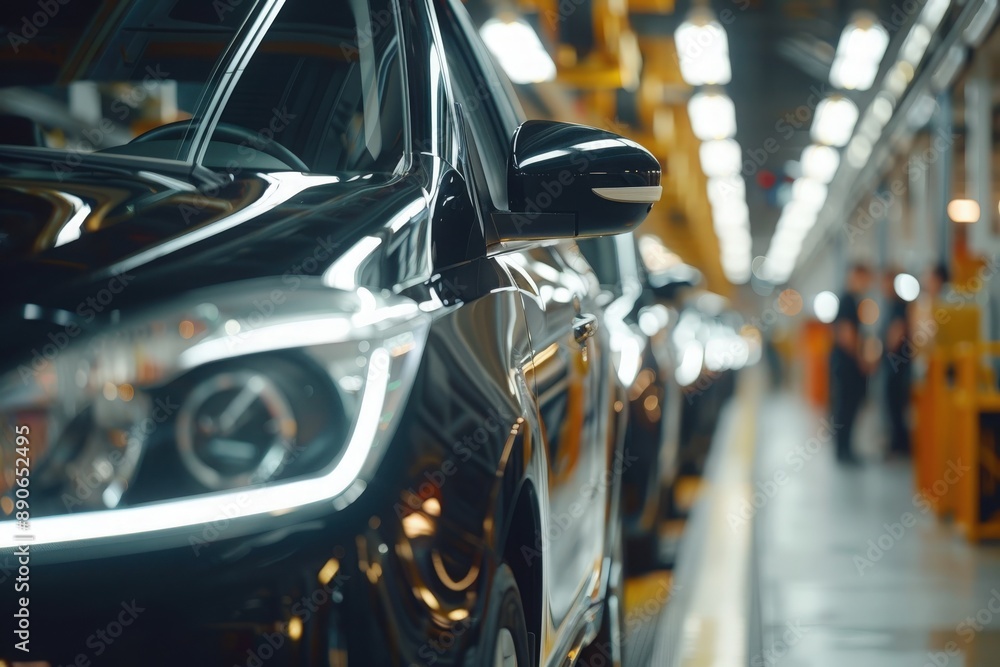 A black car sits on a busy assembly line in a factory. Other cars blur in the background as workers move around the facility. A black car sits on a busy assembly line in a factory. Other cars blur in the background as workers move around the facility.