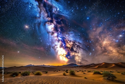 Starry night sky over desert landscape in the Milky Way Galaxy, night, space, galaxy, stars, Milky Way