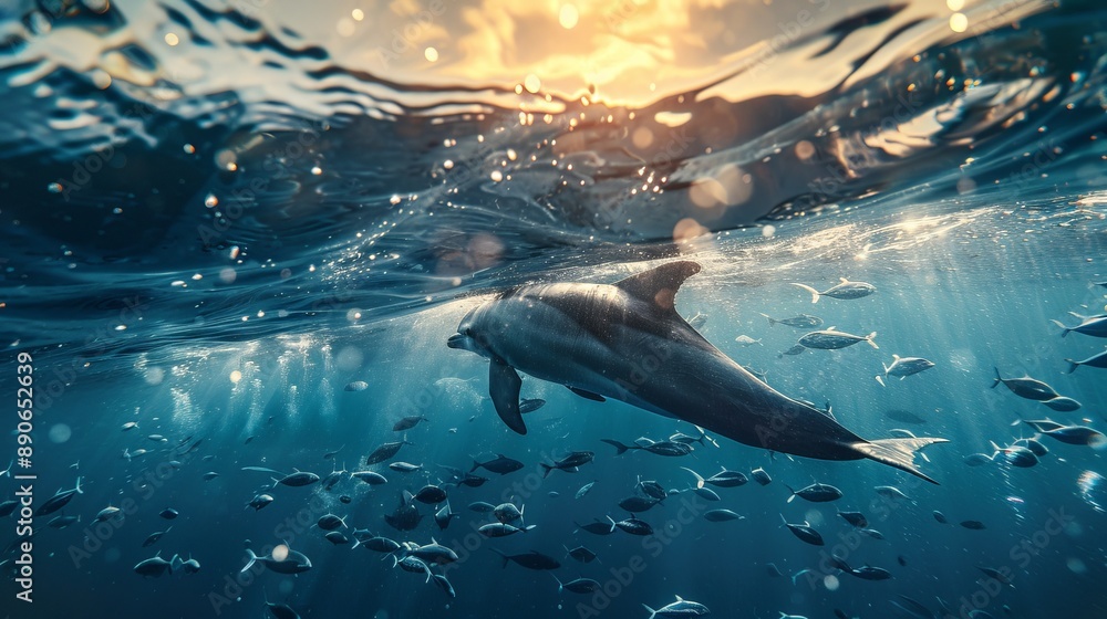 Fototapeta premium A breathtaking image capturing a single dolphin swimming elegantly near the surface with a school of fish below, under the golden light of the setting sun illuminating the ocean.