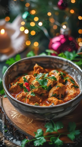 Festive chicken curry garnished with fresh herbs, perfect for holiday celebrations. Warm, hearty, and delicious meal for festive occasions.