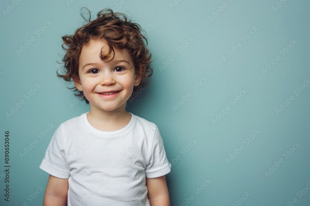 A young boy with curly brown hair smiles brightly while wearing a white t-shirt. He is standing against a light blue wall. A young boy with curly brown hair smiles brightly while wearing a white t-shirt. He is standing against a light blue wall.