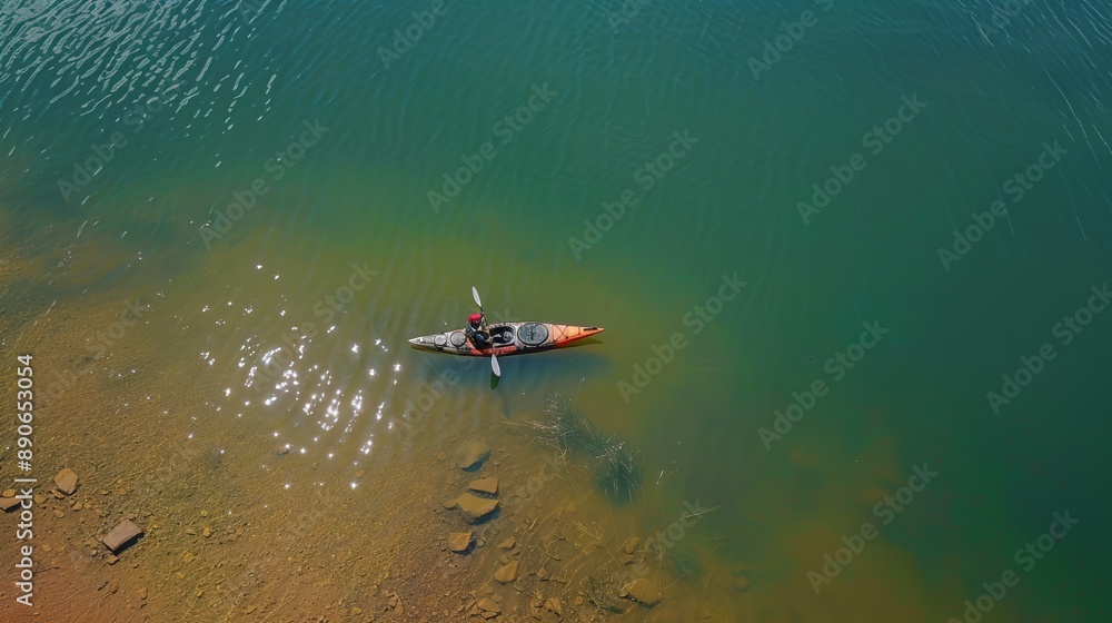 Fototapeta premium Aerial view of an individual kayaking on a calm, green river with clear water, surrounded by a rocky shoreline and vivid colors reflecting nature’s beauty.