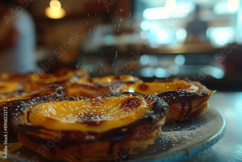 A close-up shot of a freshly baked pastel de nata, sprinkled with powdered sugar, with other pastries out of focus in the background.