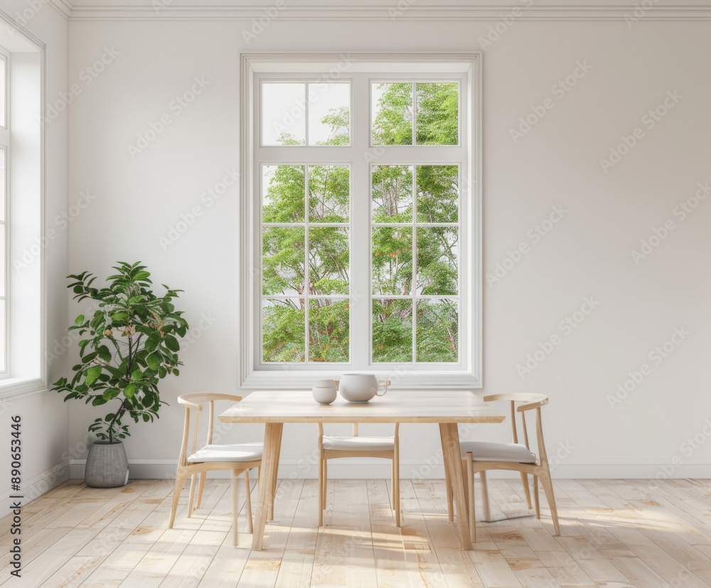 Home living room interior with dining table and chairs, window. Mockup wall Home living room interior with dining table and chairs, window. Mockup wall