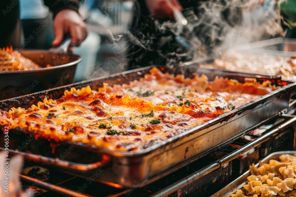 A steaming tray of freshly baked lasagna sits on a metal rack, ready to be served. The cheese is bubbling and the sauce is glistening, making it a visually appealing and mouthwatering dish. A steaming tray of freshly baked lasagna sits on a metal rack, ready to be served. The cheese is bubbling and the sauce is glistening, making it a visually appealing and mouthwatering dish.