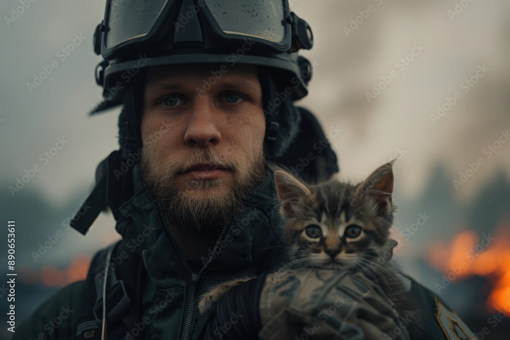 A firefighter in full gear holds a kitten amidst a fiery blaze, showcasing dedication to saving lives, human and animal alike A firefighter in full gear holds a kitten amidst a fiery blaze, showcasing dedication to saving lives, human and animal alike