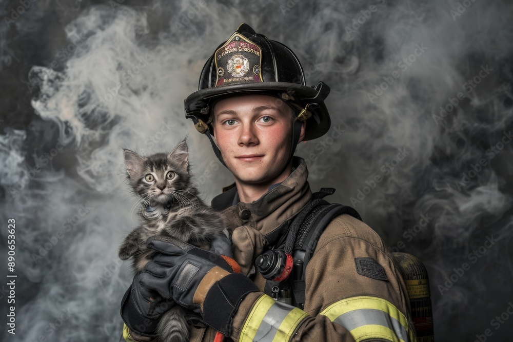 Fototapeta premium A firefighter in full gear, standing against a backdrop of smoky haze, gently cradles a rescued kitten.