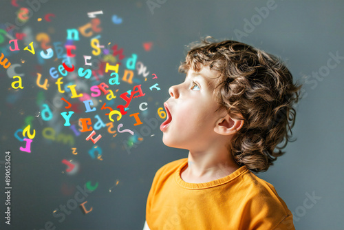 A young boy is learning to speak, or learning a foreign language.  Colorful letters fly out of his mouth. A creative representation of language learning and children's education