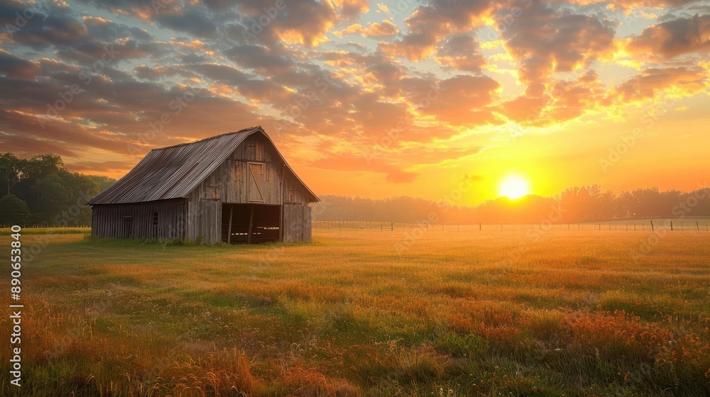 A rustic wooden barn stands in a field bathed in the golden light of a sunrise, mist swirling around its base. A rustic wooden barn stands in a field bathed in the golden light of a sunrise, mist swirling around its base.