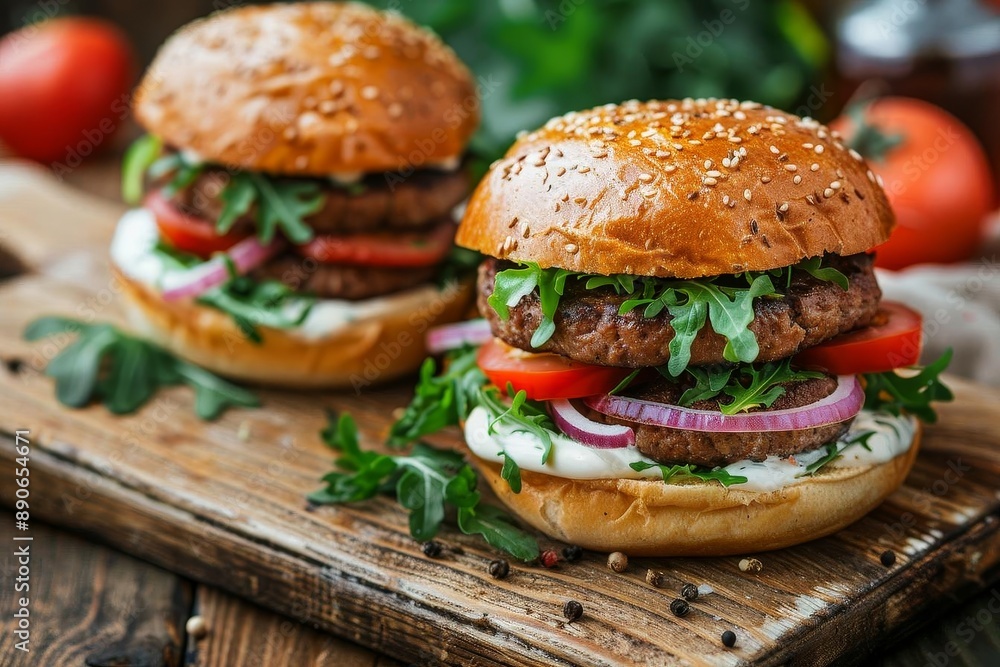 Appetizing burger design, with a focus on the textures and colors of each layer, inviting a closer look Appetizing burger design, with a focus on the textures and colors of each layer, inviting a closer look