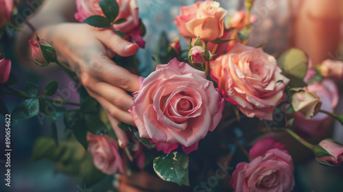 Wallpaper Mural Hands of a female florist delicately arranging a bouquet of roses, blurred background Torontodigital.ca